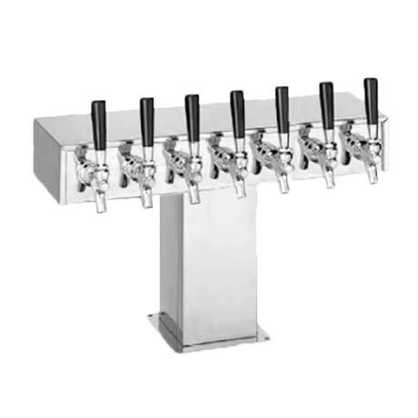 Stainless steel Perlick 4006S8B wide base tee draft beer tower with seven faucets