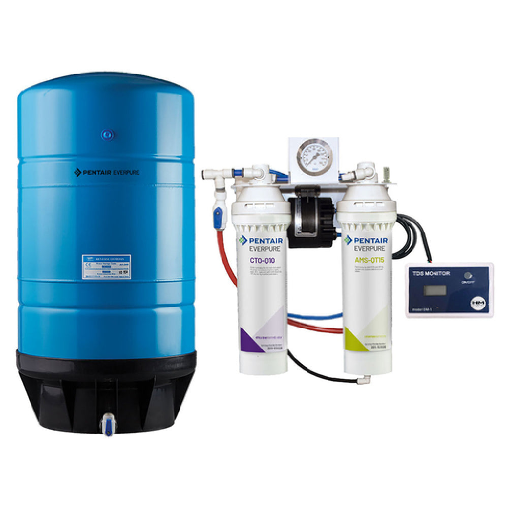 Blue water filtration system with storage tank and dual filter cartridges for BWS Reverse Osmosis