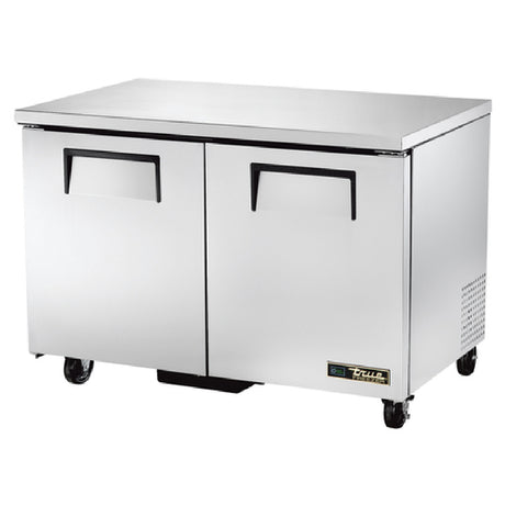Stainless steel undercounter freezer with two doors on wheels for efficient storage