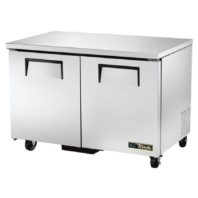 Stainless steel undercounter freezer with two doors on wheels for efficient storage