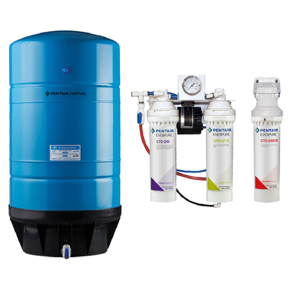 Blue cylindrical hydropneumatic storage tank with filtration system components