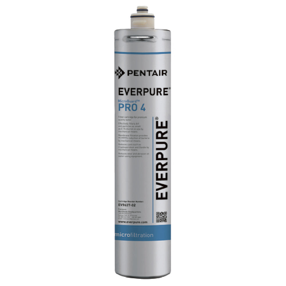 Pentair Everpure Micro Guard PRO 4 Water Filter Cartridge in silver with blue labeling
