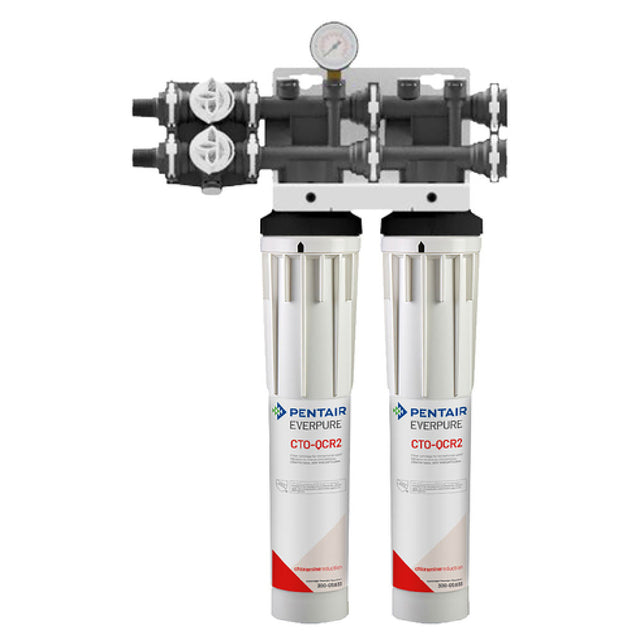 Dual-cartridge water filtration system features CTO-QCR2 activated carbon cartridges and pressure gauge