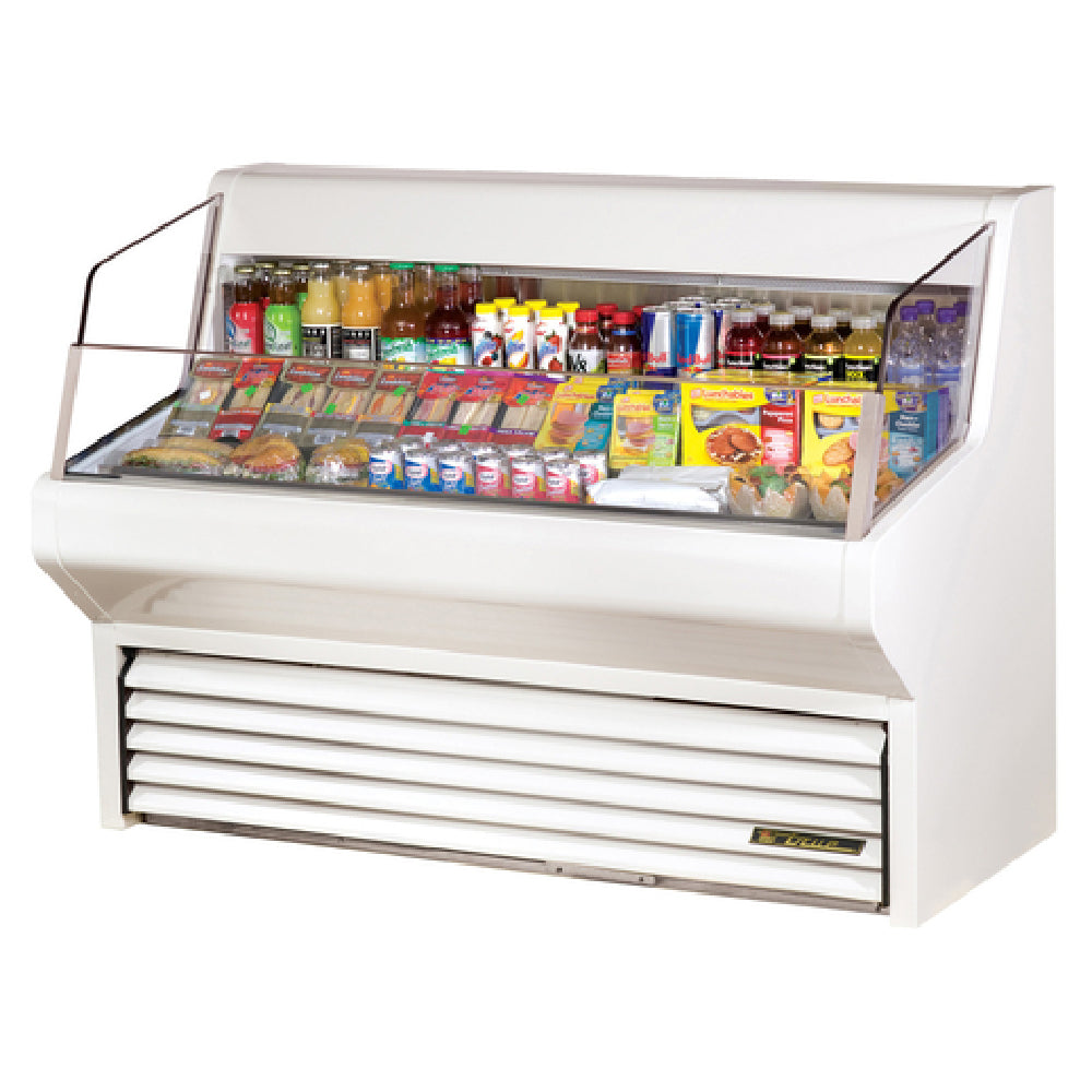 White refrigerated display case with angled glass front for True Refrigeration Horizontal Air Curtain