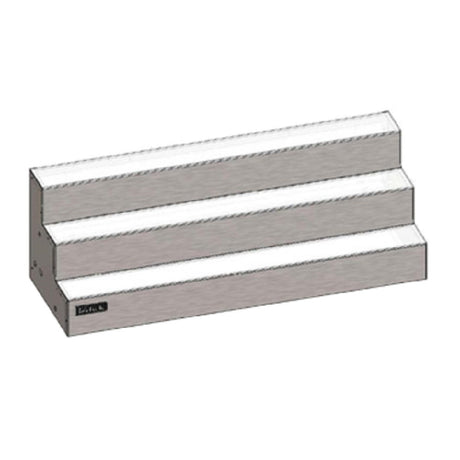 Three-tiered lighted merchandise display shelf in white and gray colors