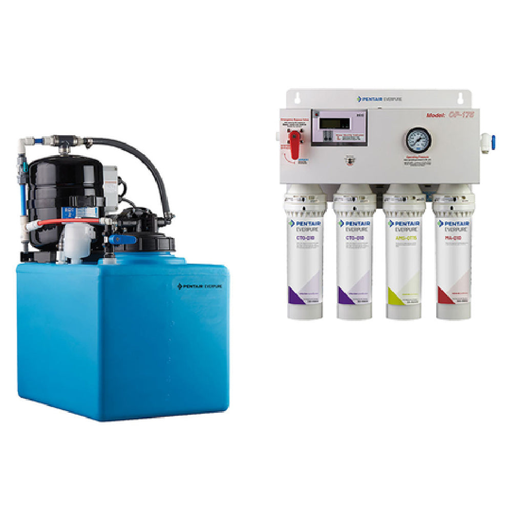 Water filtration system featuring Everpure OP175/16 reverse osmosis and CTO-Q10 cartridge prefilter