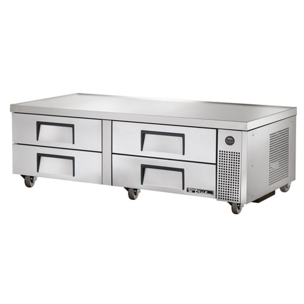 Stainless steel refrigerated chef base with four drawers on wheels for commercial kitchens