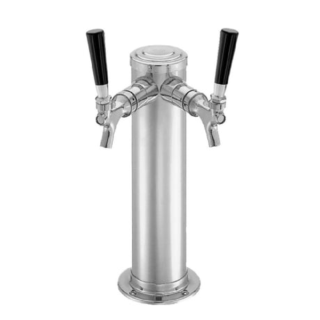 Stainless steel draft arm beer tap tower with two black handles and faucets