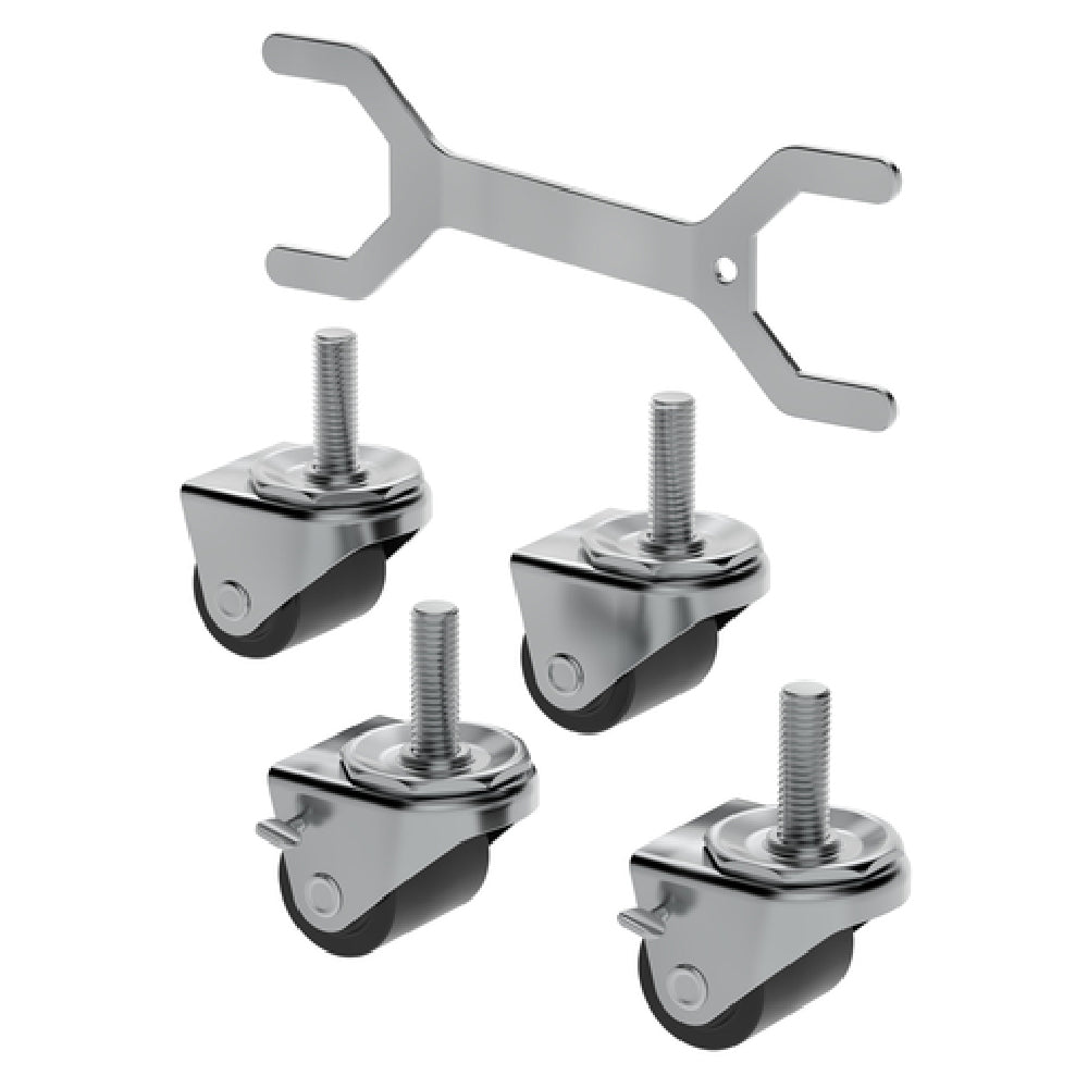 Set of four Hoshizaki HS-5037 swivel caster wheels with mounting bolts and wrench tool