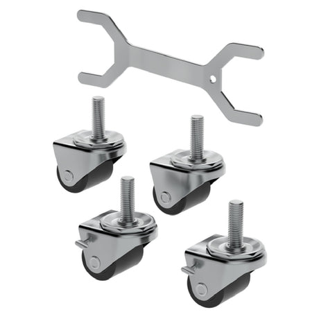 Set of four Hoshizaki HS-5037 swivel caster wheels with mounting bolts and wrench tool