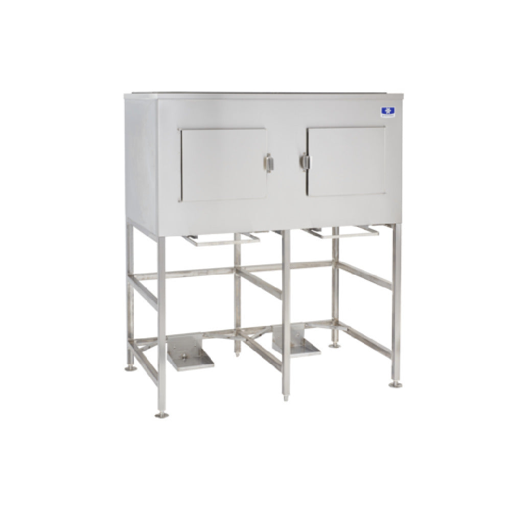 Stainless steel cabinet mounted on a metal frame stand for Manitowoc Large Bin Cart System
