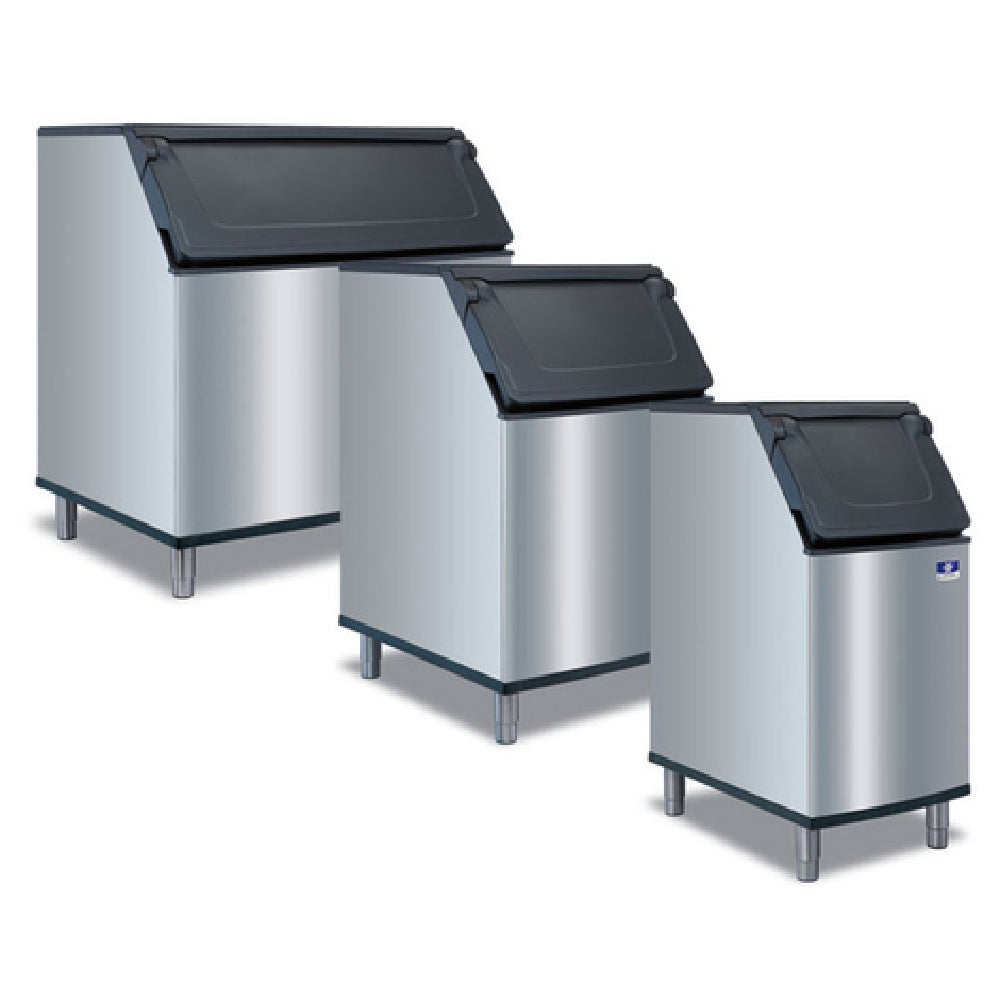 Three stainless steel ice bins with black lids, featuring the Manitowoc D570 Ice design