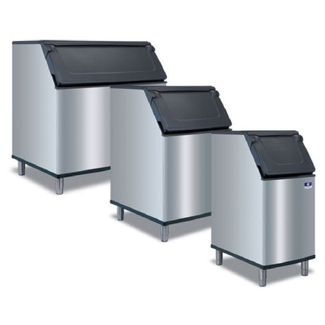Three stainless steel ice bins with black lids, featuring the Manitowoc D570 Ice design
