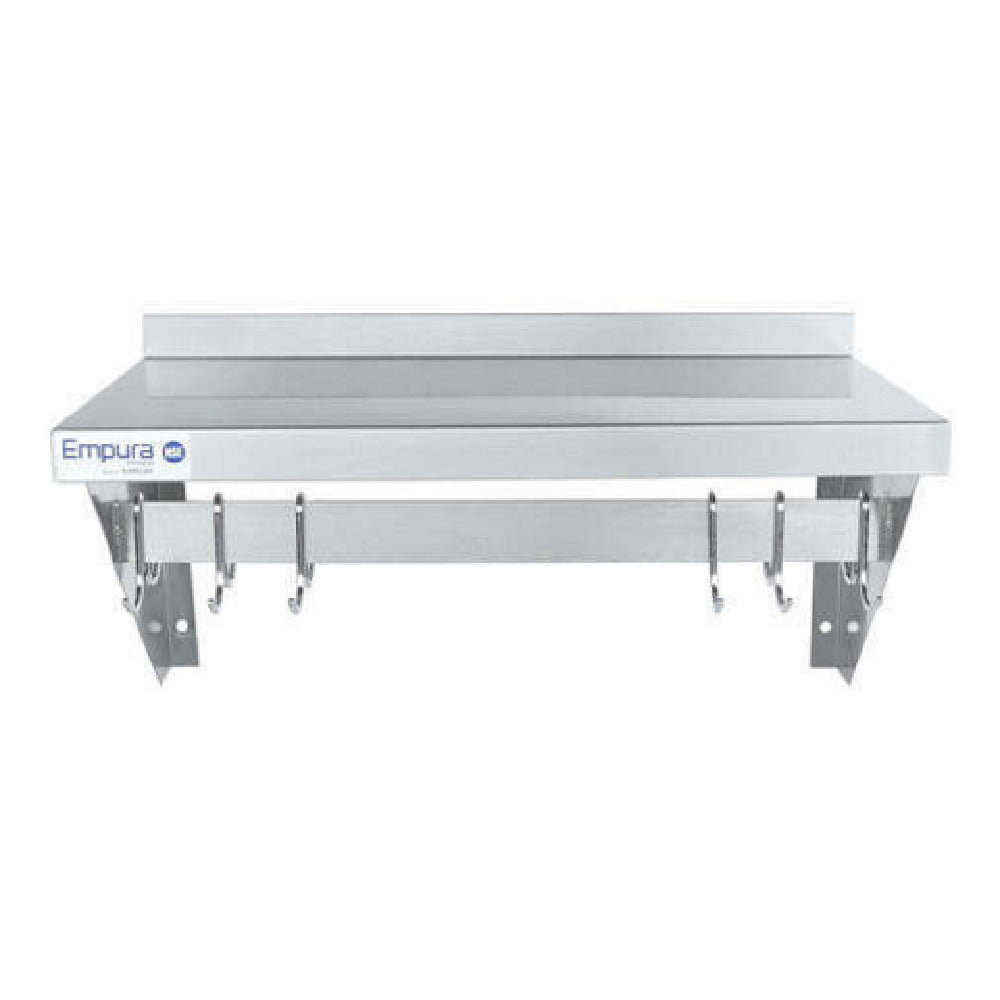 Empura E-WPS-1224 - Pot Rack, Wall-Mounted, 24" X 12" Stainless Steel Wall-mounted Pot Rack With Shelf And 18 Gauge Galvanized Hooks