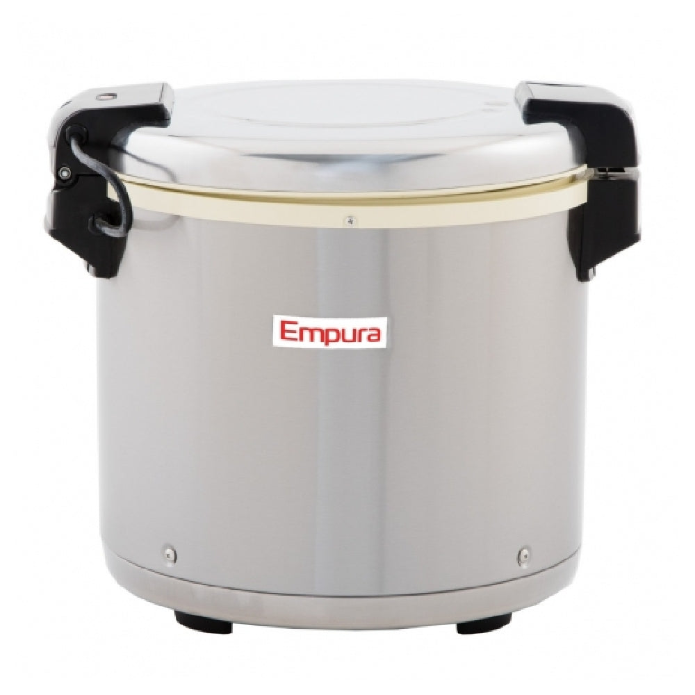 Stainless steel Empura 50 Cup Commercial Rice Warmer with black handles and sealed lid