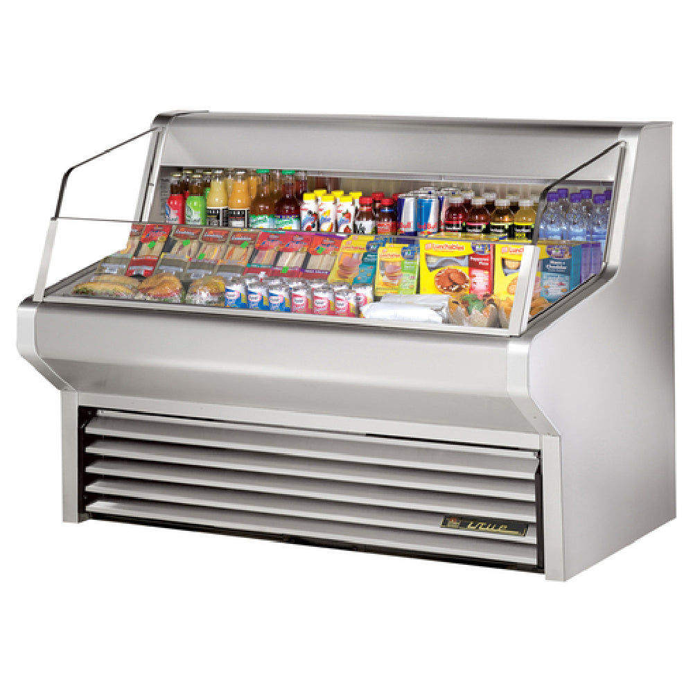 Stainless steel refrigerated display case showcasing snacks and beverages in a True Refrigeration Horizontal Air Curtain Merchandiser