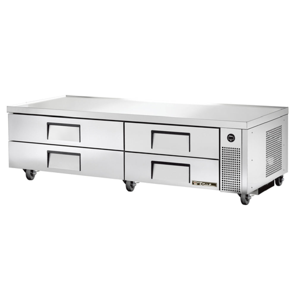 Stainless steel refrigerated chef base with four drawers on wheels from True Refrigeration