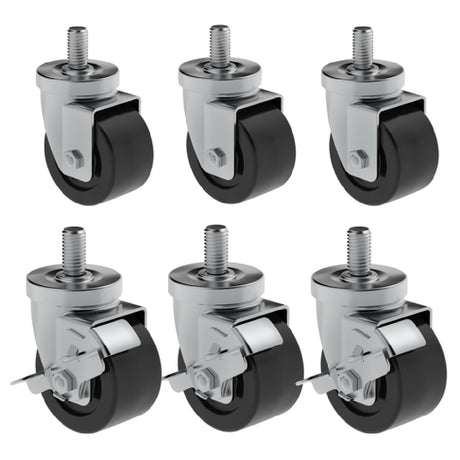 Set of six Hoshizaki HS-3547 black swivel caster wheels with threaded stems