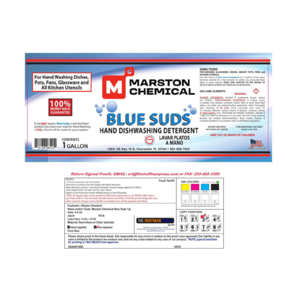 Marston Chemical 300160 Blue Suds Detergent 1 Gallon For Hand Washing Dishes