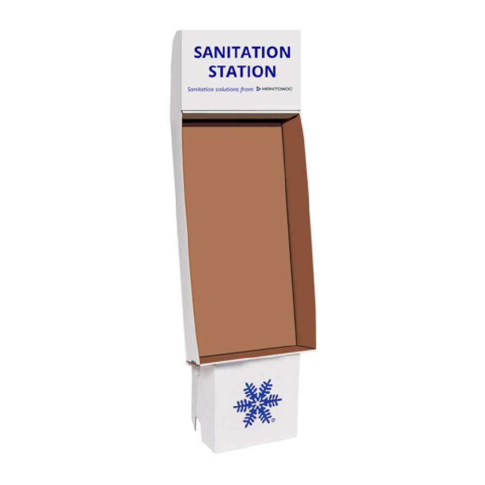 White and brown cardboard merchandiser with blue snowflake for holding sanitation sanitizer