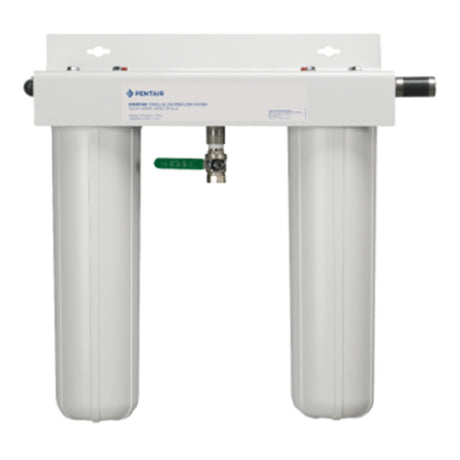 Dual-stage water filtration system featuring Everpure water filter housing with green valve
