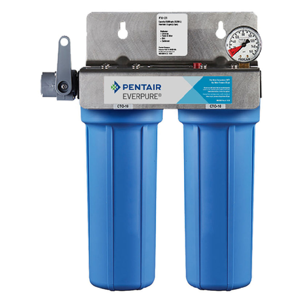 Pentair Everpure FX-21 dual-stage water filter system with blue housings and pressure gauge