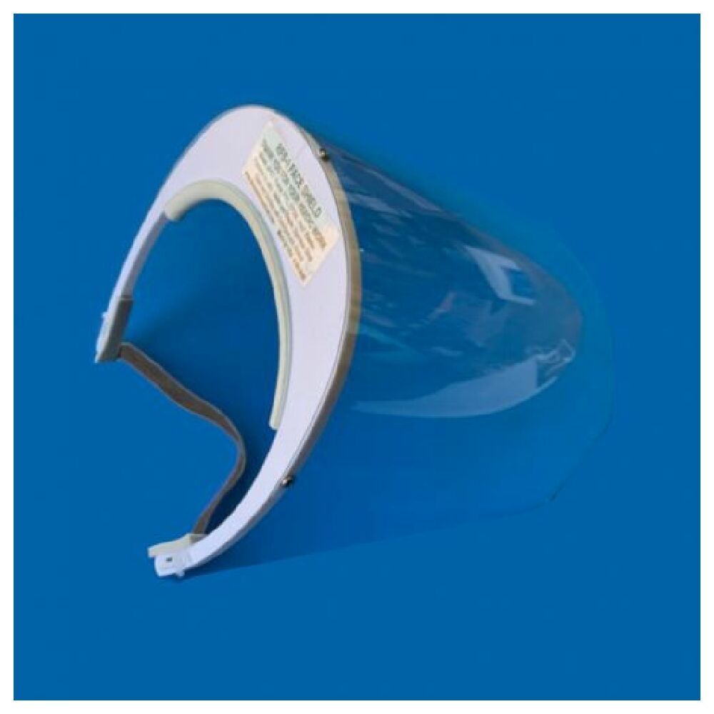 Clear plastic face shield with white headband and black straps from Empura Equipment