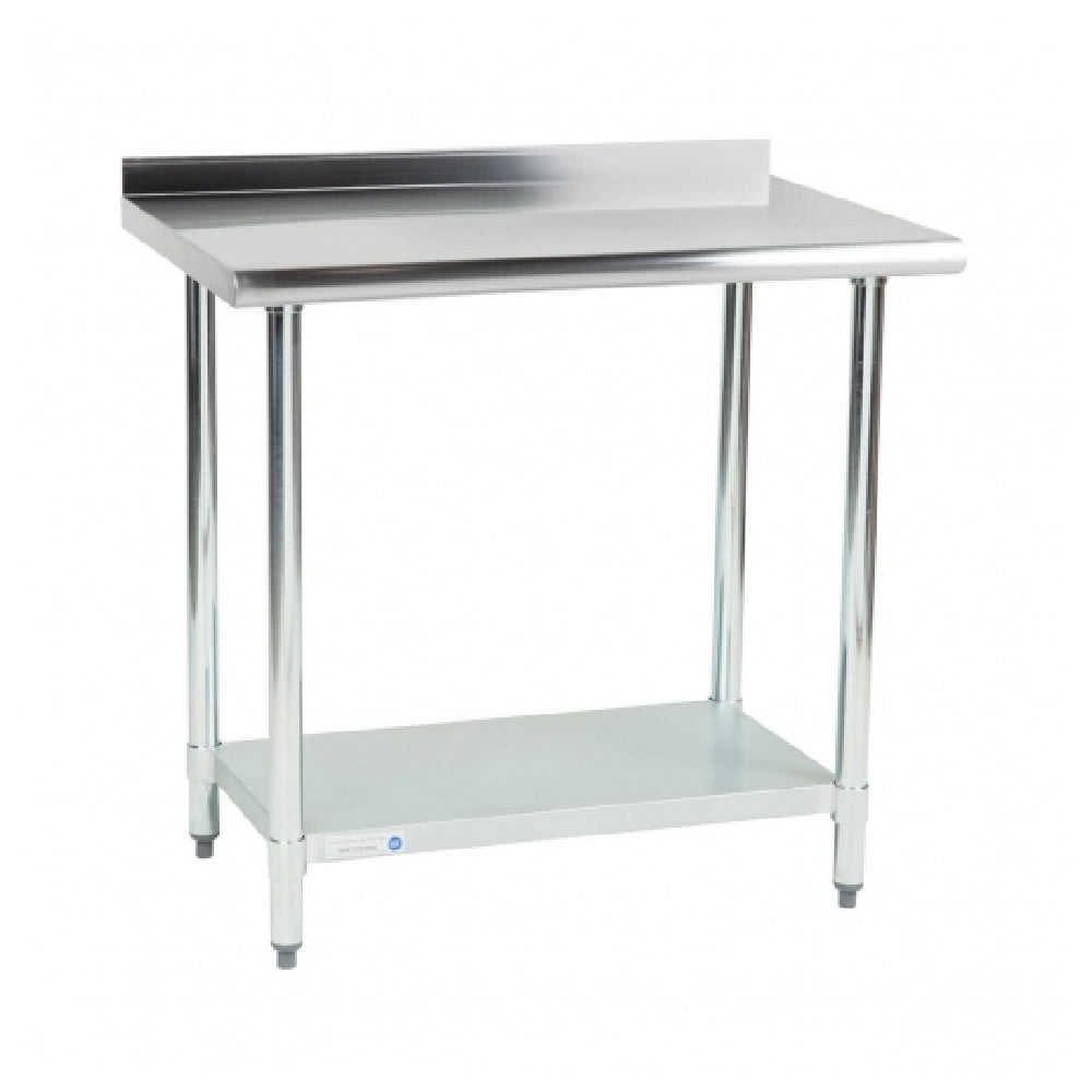 Stainless steel commercial work table with backsplash and lower shelf for food prep