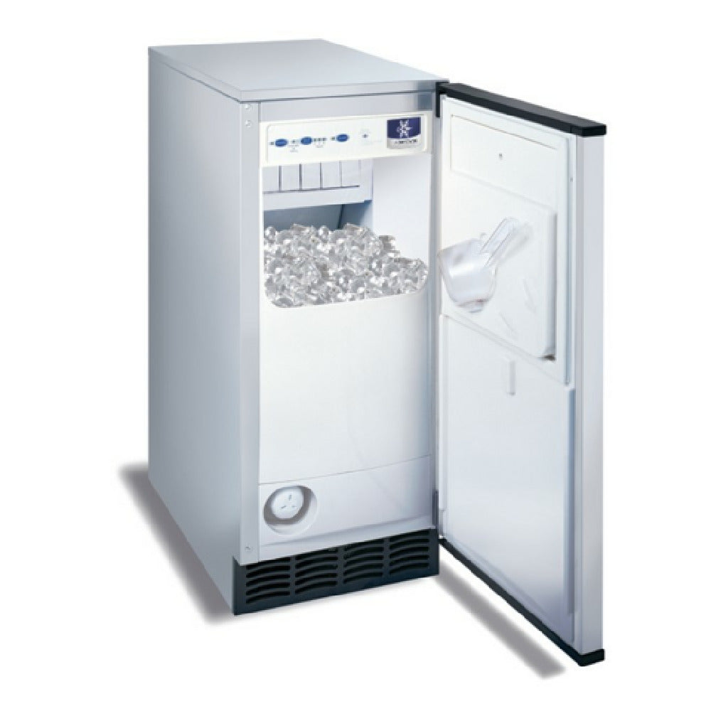 White UCP0050A undercounter ice cube machine with an open door revealing ice cubes