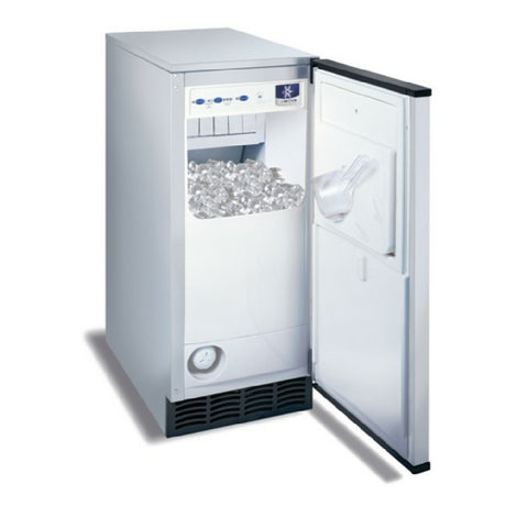 White UCP0050A undercounter ice cube machine with an open door revealing ice cubes