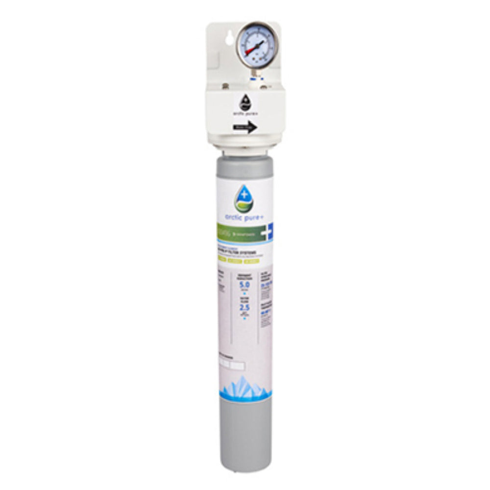 Water filtration system with pressure gauge and cartridge for Manitowoc AR-PRE-P assembly