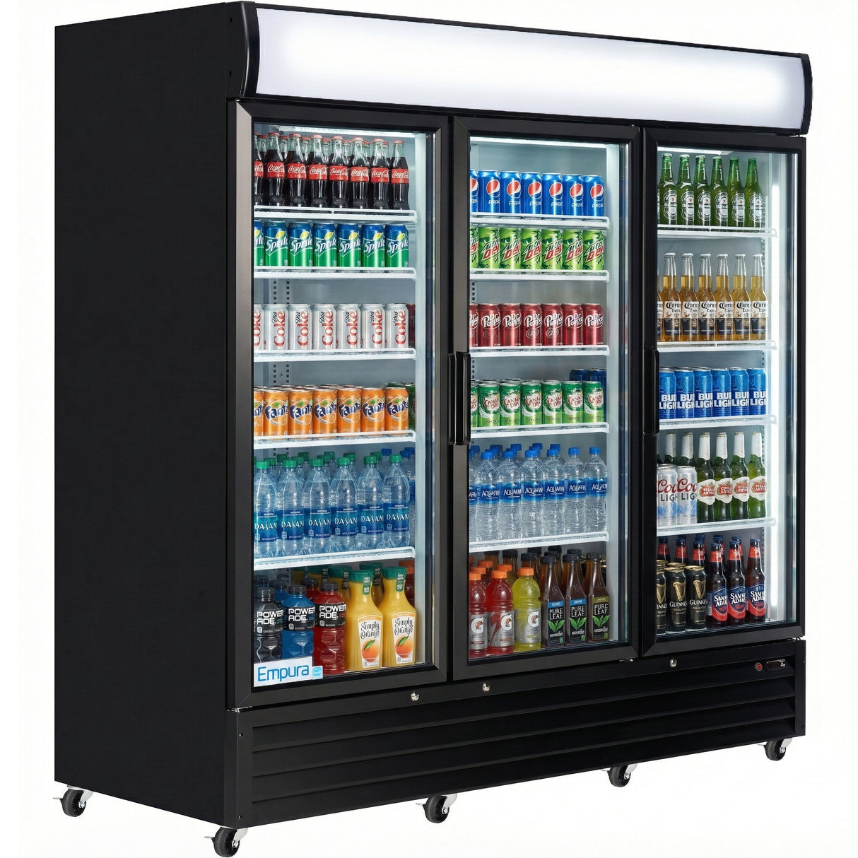 Empura 78" Black Swing Glass 3 Door Merchandiser Refrigerator with ClearKeeper™ Glass, 66.6 Cu. Ft., LED Lighting, 15 Adjustable Shelves