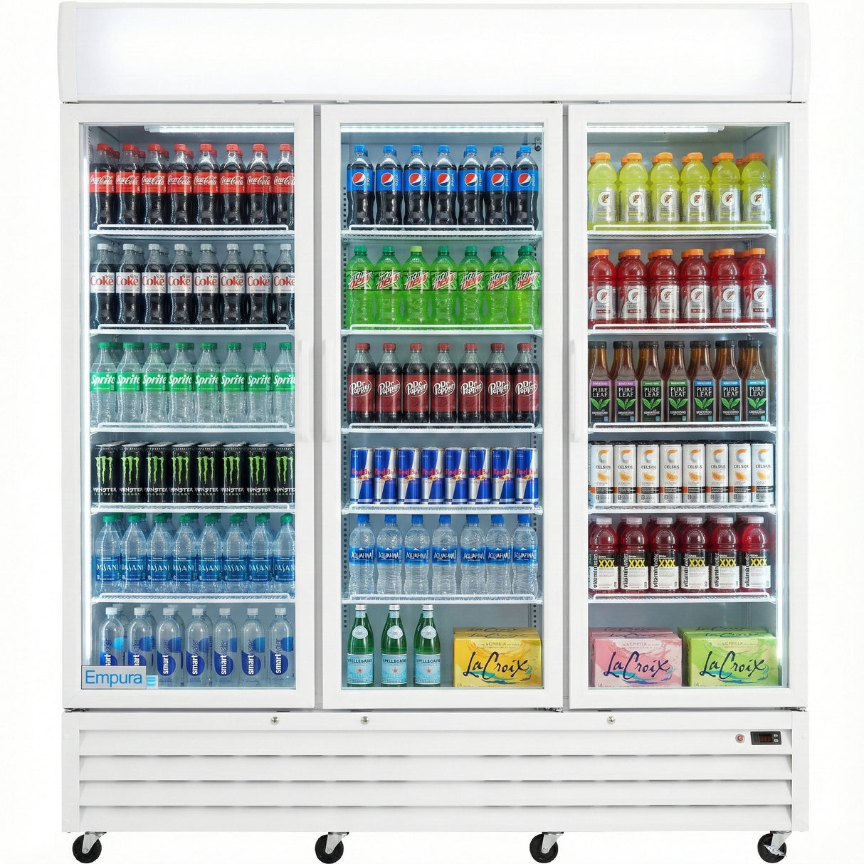 Empura 78" White Swing Glass 3 Door Merchandiser Refrigerator with ClearKeeper™ Glass, 66.6 Cu. Ft., LED Lighting, 15 Adjustable Shelves