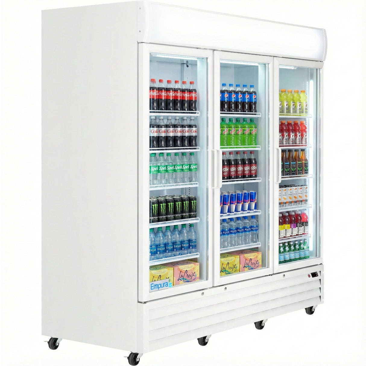 Empura 78" White Swing Glass 3 Door Merchandiser Refrigerator with ClearKeeper™ Glass, 66.6 Cu. Ft., LED Lighting, 15 Adjustable Shelves