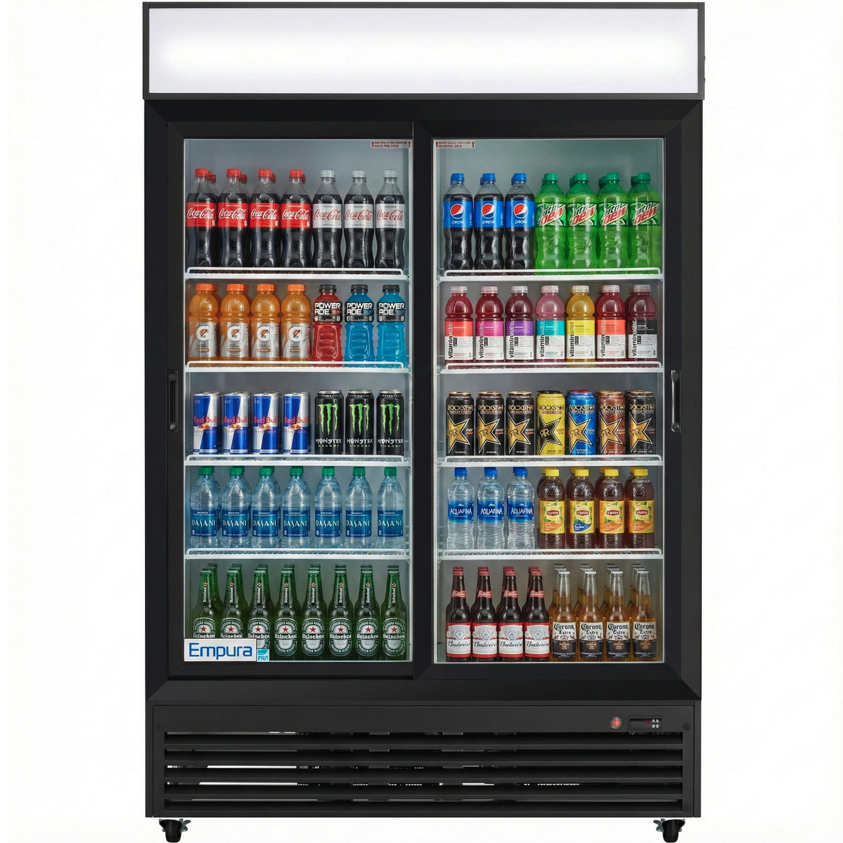 Empura 52" Black Sliding Glass 2 Door Merchandiser Refrigerator with ClearKeeper™ Glass, 48 Cu. Ft., LED Lighting, 8 Adjustable Shelves