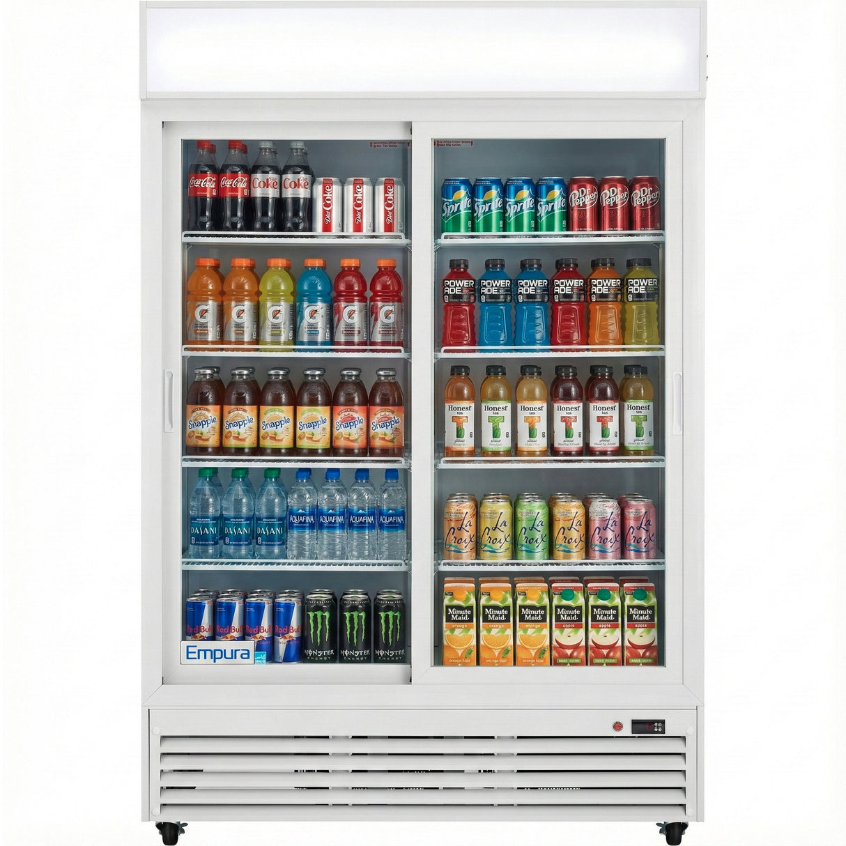 Empura 52" White Sliding Glass 2 Door Merchandiser Refrigerator with ClearKeeper™ Glass, 48 Cu. Ft., LED Lighting, 8 Adjustable Shelves