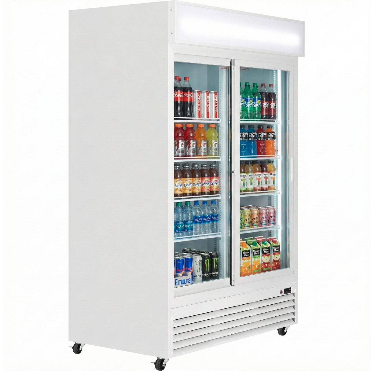 Empura 52" White Sliding Glass 2 Door Merchandiser Refrigerator with ClearKeeper™ Glass, 48 Cu. Ft., LED Lighting, 8 Adjustable Shelves