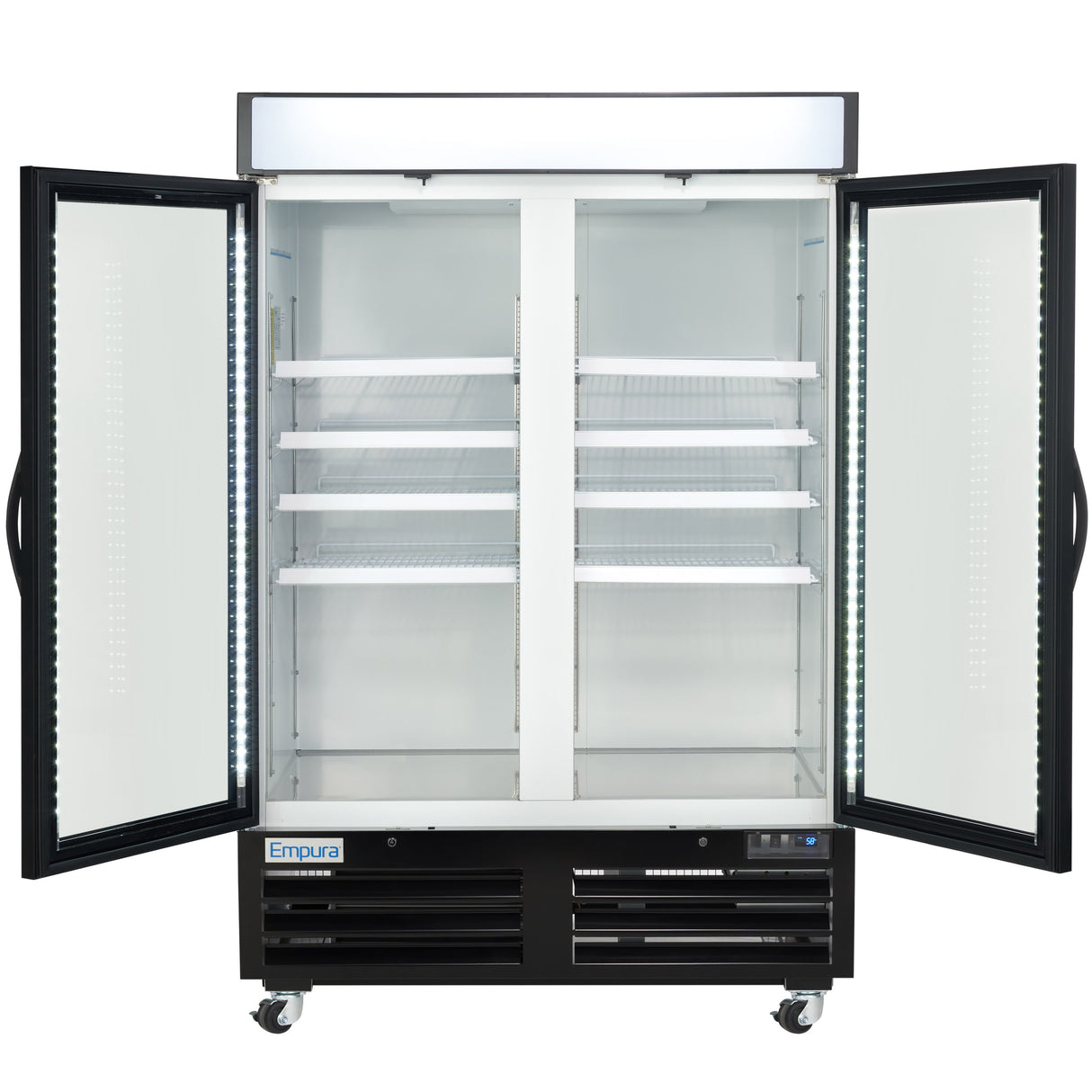 Empura 54" White Swing Glass 2 Door Merchandiser Freezer with ClearKeeper™ Glass, 43.8 Cu. Ft., LED Lighting, 8 Adjustable Shelves