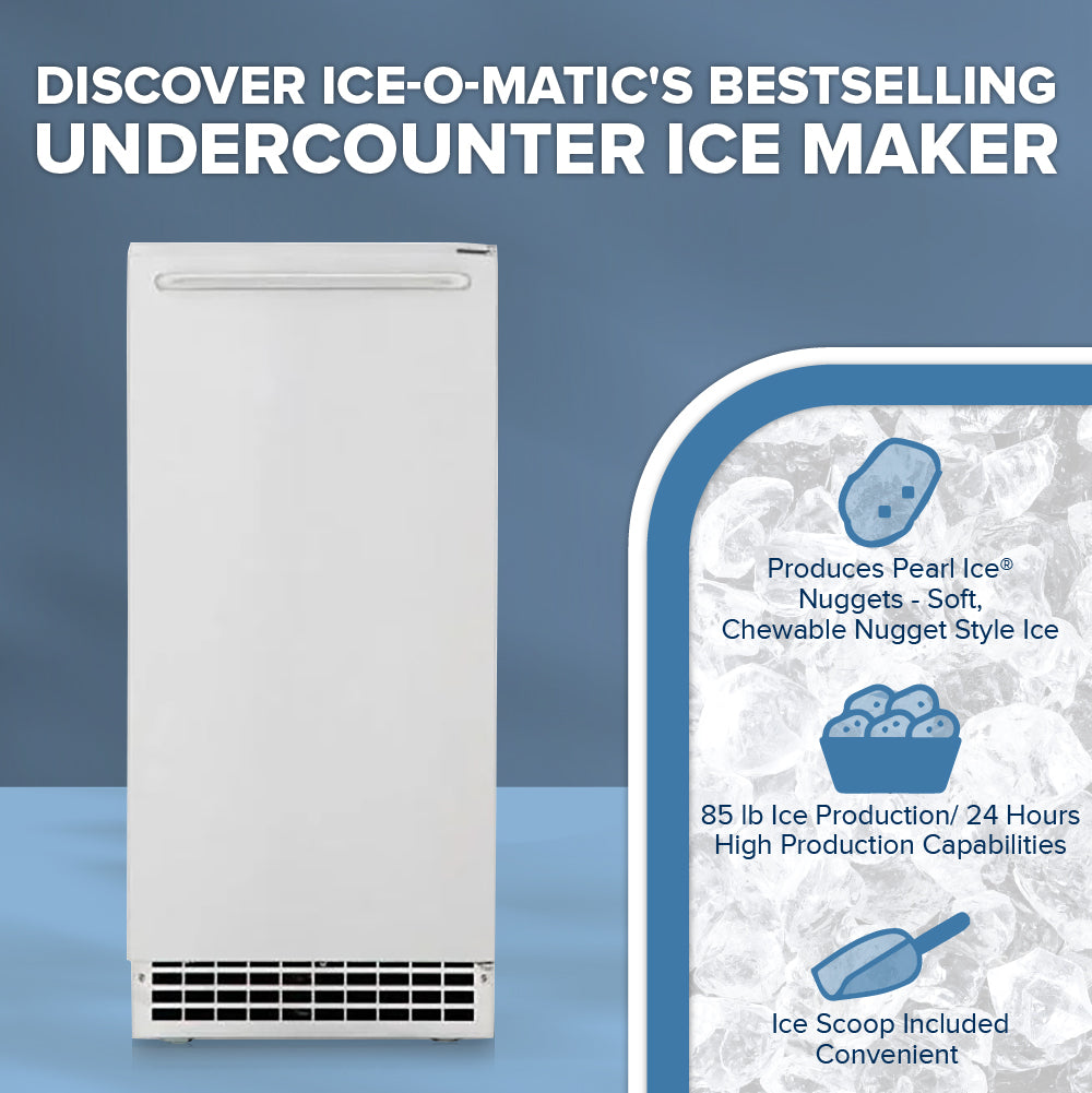 Ice-o-matic undercounter ice maker with ice production details on a blue background
