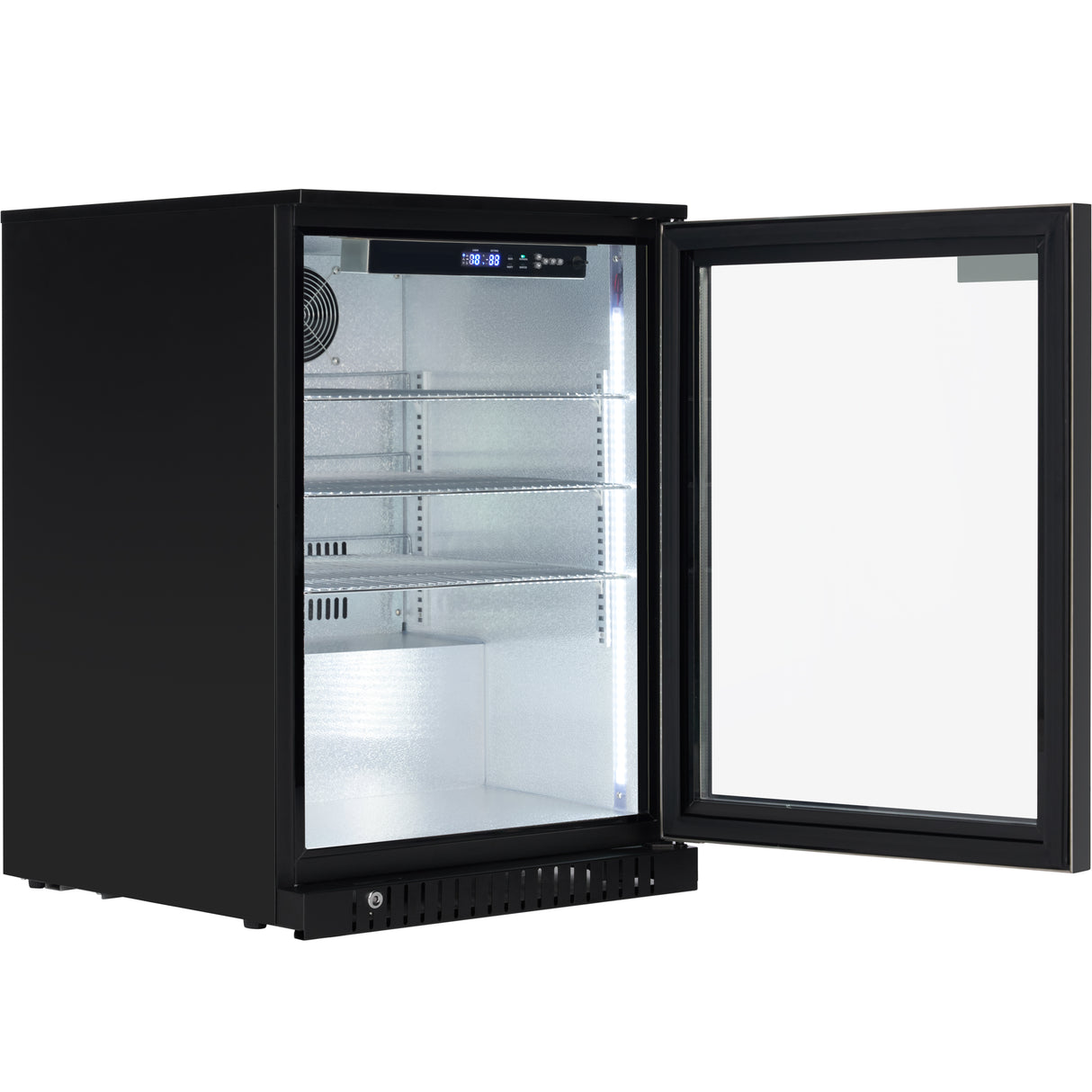 Empura 24" Black Swing Glass Door Undercounter Merchandiser Refrigerator with ClearKeeper™ Glass, 5.5 Cu. Ft., LED Lighting, Locking Glass Door