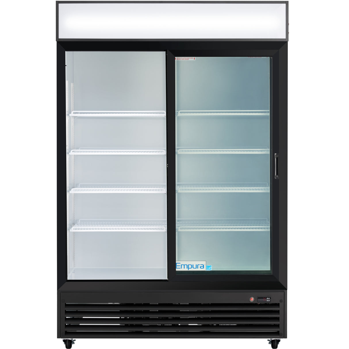 Empura 52" Black Sliding Glass 2 Door Merchandiser Refrigerator with ClearKeeper™ Glass, 48 Cu. Ft., LED Lighting, 8 Adjustable Shelves