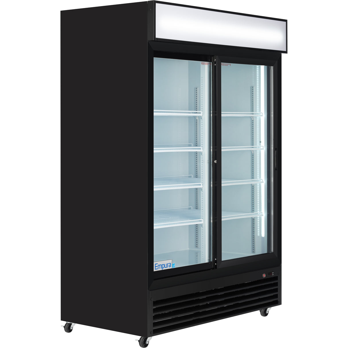 Empura 52" Black Sliding Glass 2 Door Merchandiser Refrigerator with ClearKeeper™ Glass, 48 Cu. Ft., LED Lighting, 8 Adjustable Shelves