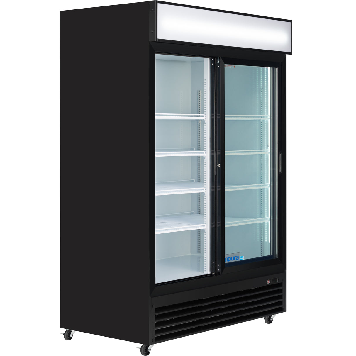 Empura 52" Black Sliding Glass 2 Door Merchandiser Refrigerator with ClearKeeper™ Glass, 48 Cu. Ft., LED Lighting, 8 Adjustable Shelves
