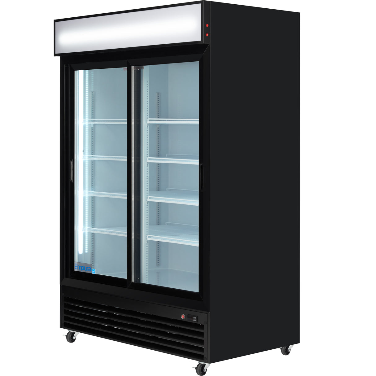 Empura 52" Black Sliding Glass 2 Door Merchandiser Refrigerator with ClearKeeper™ Glass, 48 Cu. Ft., LED Lighting, 8 Adjustable Shelves