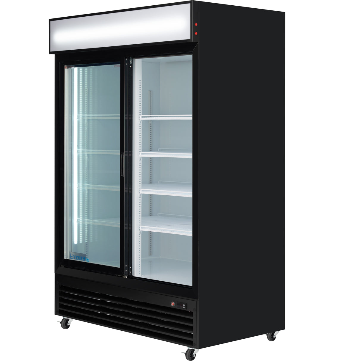 Empura 52" Black Sliding Glass 2 Door Merchandiser Refrigerator with ClearKeeper™ Glass, 48 Cu. Ft., LED Lighting, 8 Adjustable Shelves
