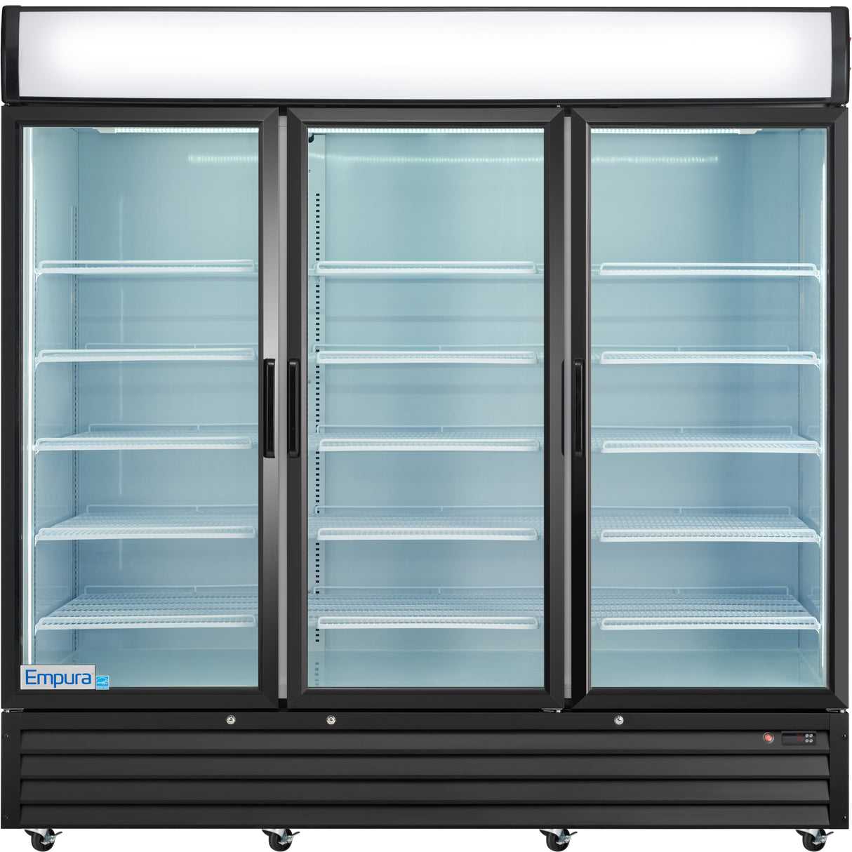 Empura 78" Black Swing Glass 3 Door Merchandiser Refrigerator with ClearKeeper™ Glass, 66.6 Cu. Ft., LED Lighting, 15 Adjustable Shelves