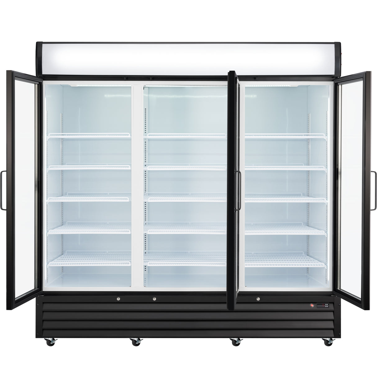 Empura 78" Black Swing Glass 3 Door Merchandiser Refrigerator with ClearKeeper™ Glass, 66.6 Cu. Ft., LED Lighting, 15 Adjustable Shelves