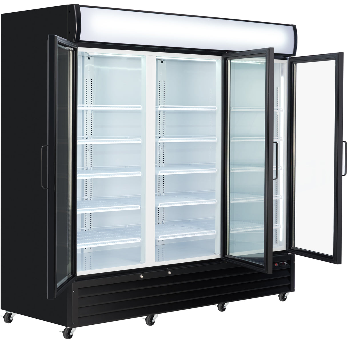 Empura 78" Black Swing Glass 3 Door Merchandiser Refrigerator with ClearKeeper™ Glass, 66.6 Cu. Ft., LED Lighting, 15 Adjustable Shelves