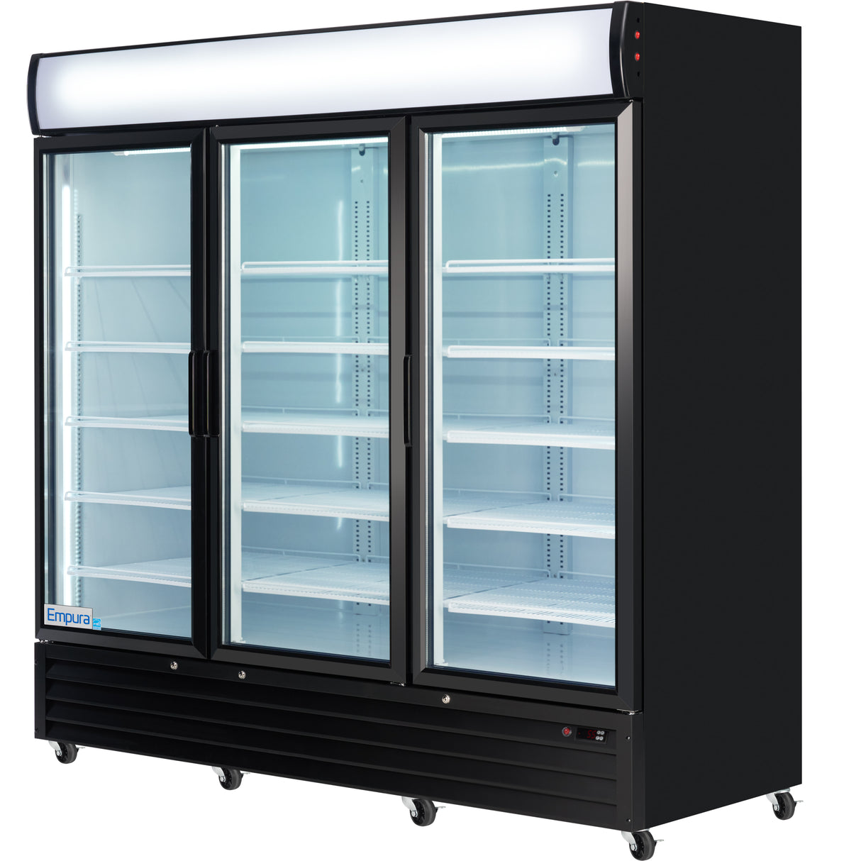 Empura 78" Black Swing Glass 3 Door Merchandiser Refrigerator with ClearKeeper™ Glass, 66.6 Cu. Ft., LED Lighting, 15 Adjustable Shelves