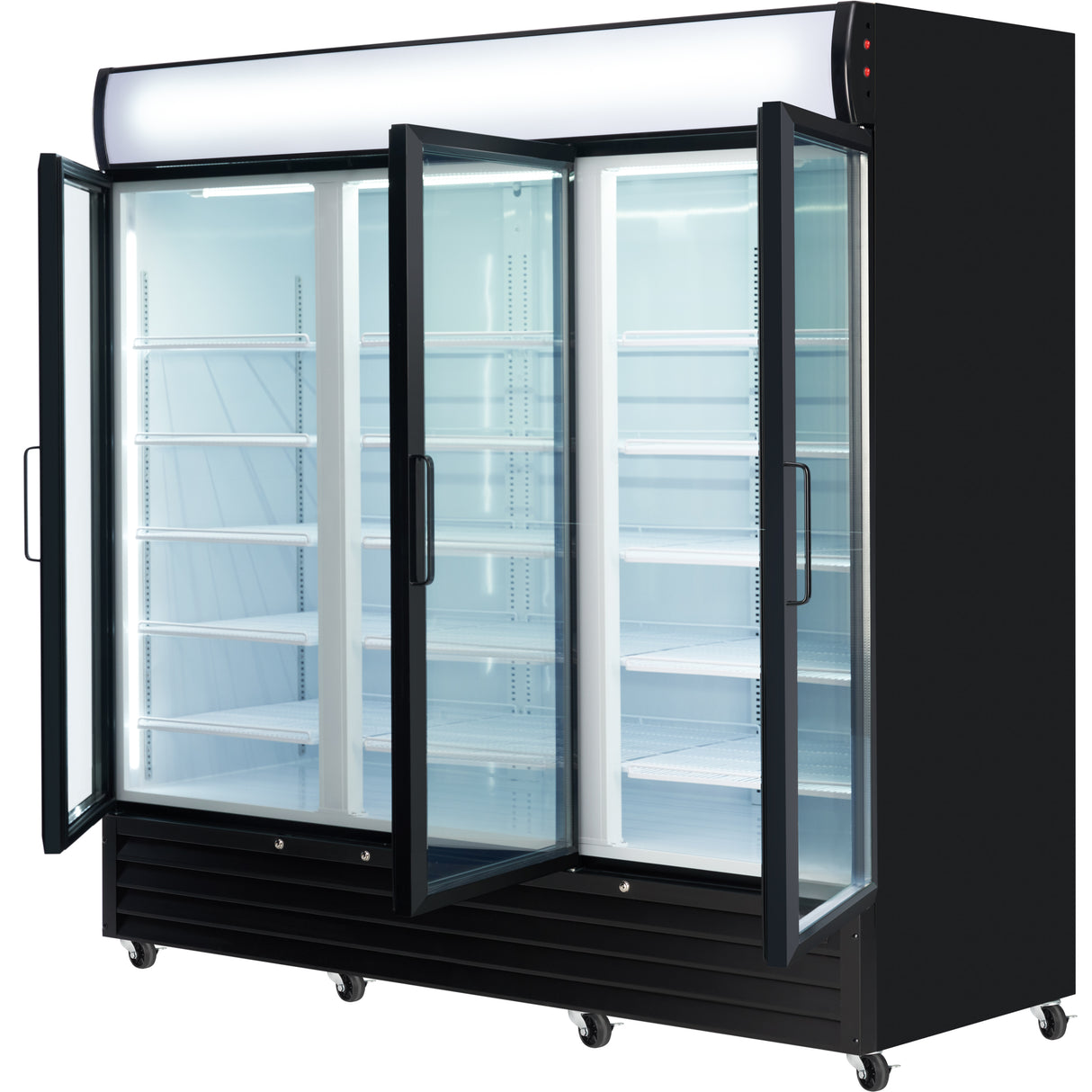 Empura 78" Black Swing Glass 3 Door Merchandiser Refrigerator with ClearKeeper™ Glass, 66.6 Cu. Ft., LED Lighting, 15 Adjustable Shelves